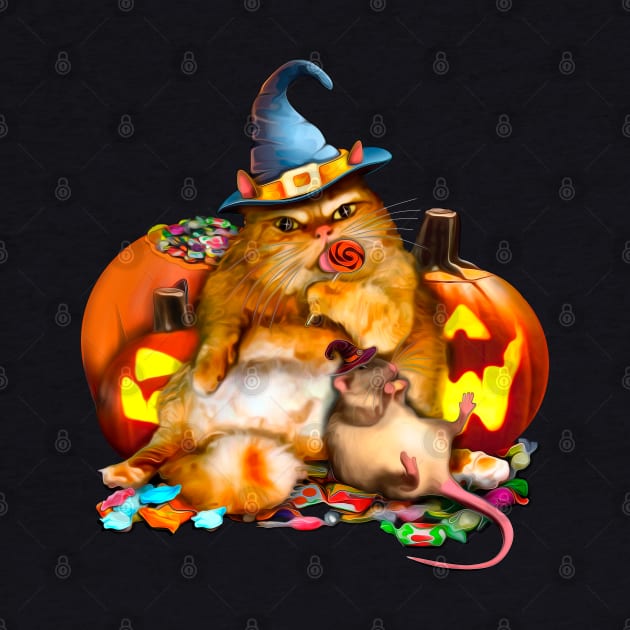 Halloween Fat Cat and Rat eat sweets No Text by SafSafStore